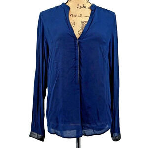 Zara Blouse Women‎ Medium Blue Faux Leather Hem Semi Sheer V-Neckline Top